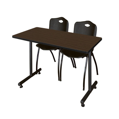 Regency Kobe 48 x 24 in. T-Base Training Seminar Table- Neo Walnut, 2 M Stack Chairs- Black