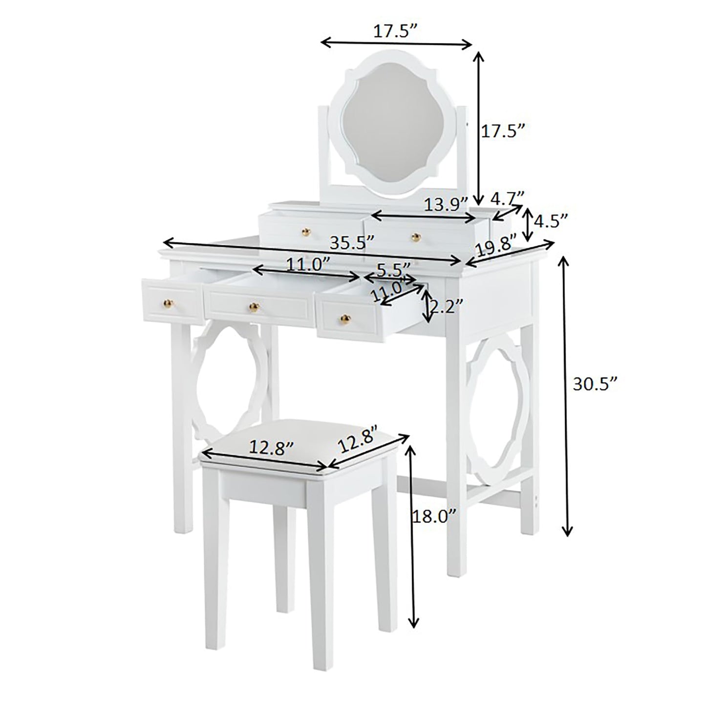 Merax 35.5 Inch Vanity Desk with Reversible Mirror, Compact White Makeup Vanity Table Set with 5 Storage Drawers & Chair, Modern Small Exquisite Dressing Table for Women Girls Bedroom Dorm