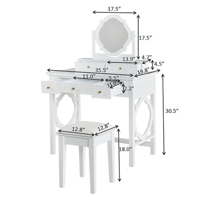 Merax 35.5 Inch Vanity Desk with Reversible Mirror, Compact White Makeup Vanity Table Set with 5 Storage Drawers & Chair, Modern Small Exquisite Dressing Table for Women Girls Bedroom Dorm