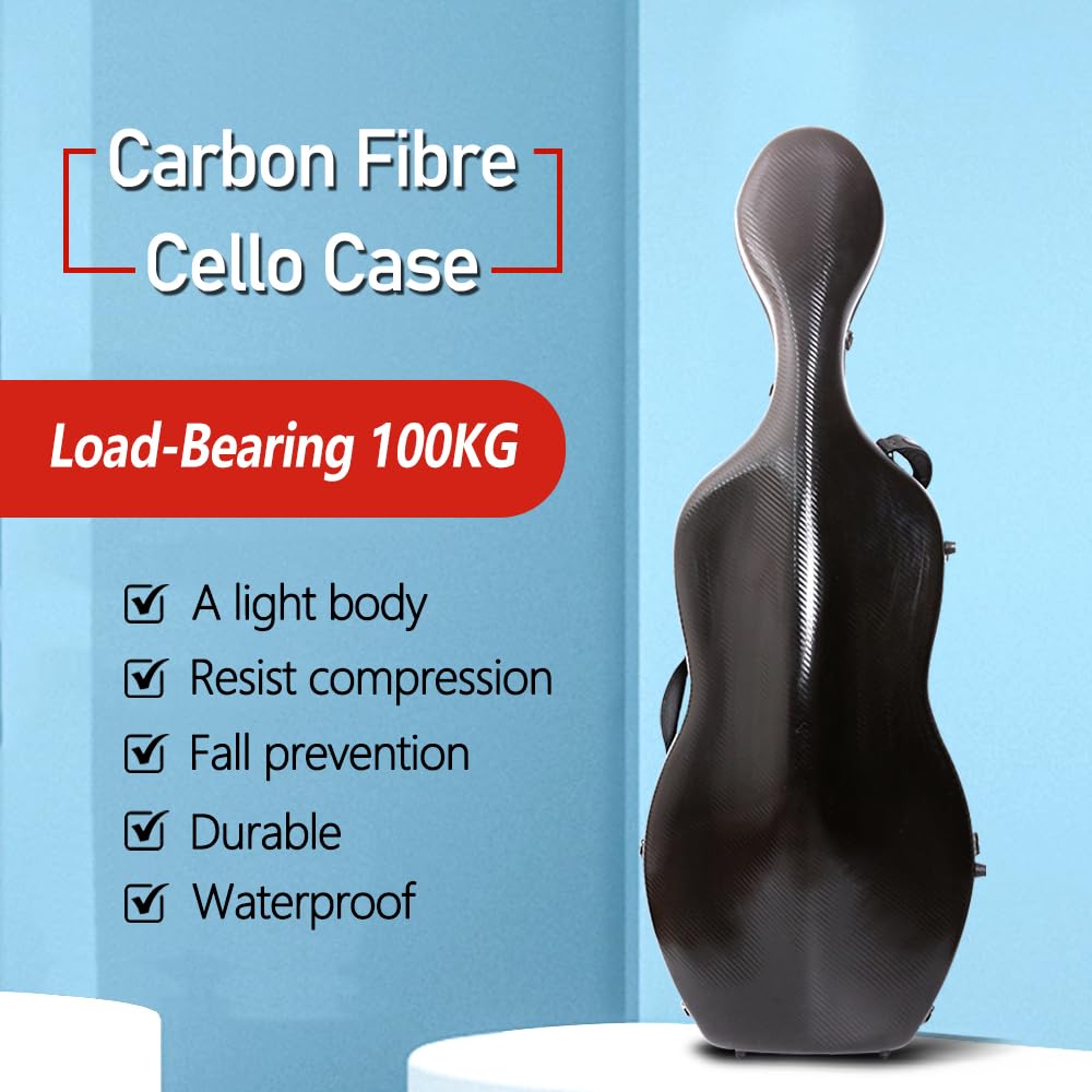 yinfente Carbon Fiber Cello Case 4/4 Full Size Hard Shell With Lock & Backpack Straps,Wheels 4.5 kg Lightweight Hard Case for Student Black