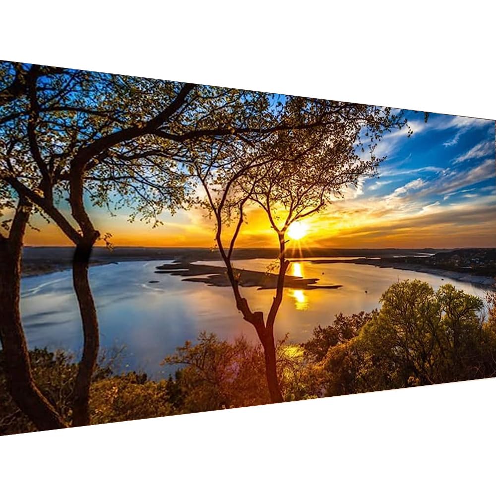 COHAYISY Large Landscape Diamond Art Kits for Adults - 5D Sunset Diamond Painting Kits for Adults, DIY Full Drill Extra Large Lake Diamond Art Painting, Gem Art Kits for Home Wall Decor 15.7x31.5inch
