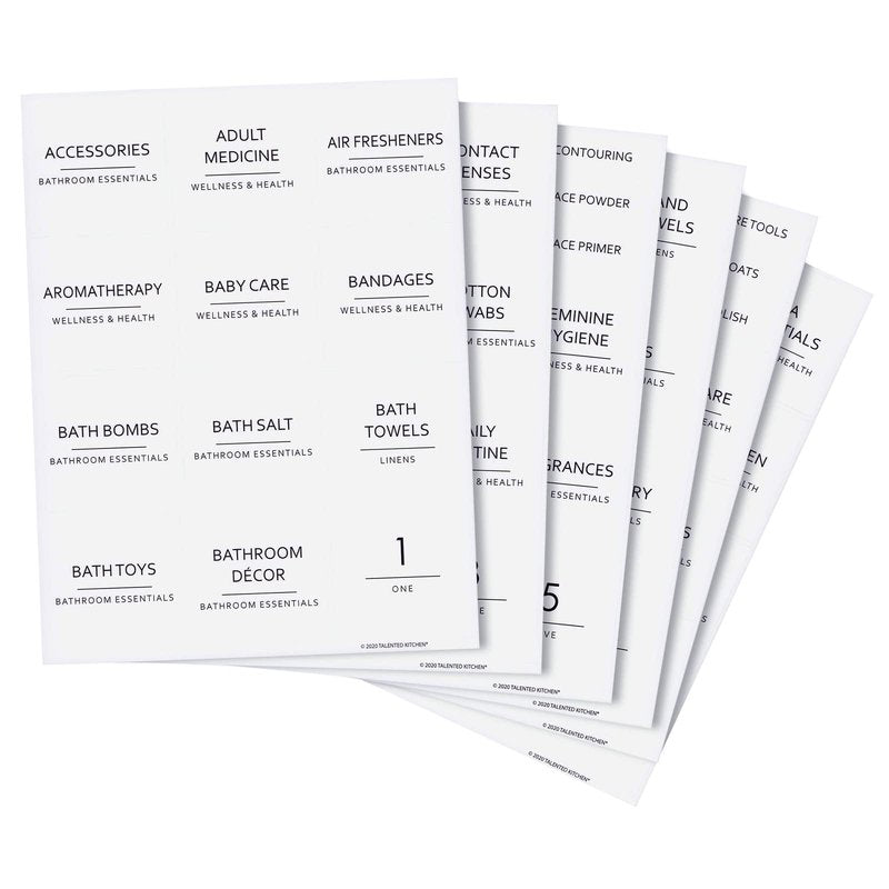 Talented Kitchen Minimalist Bathroom Labels for Organizing - 174 Labels, 2.5" x 2.5" & 2.5" x 0.75", Black on White - Stickers for Jars & Bottles - Water-Resistant for Medicine Cabinet