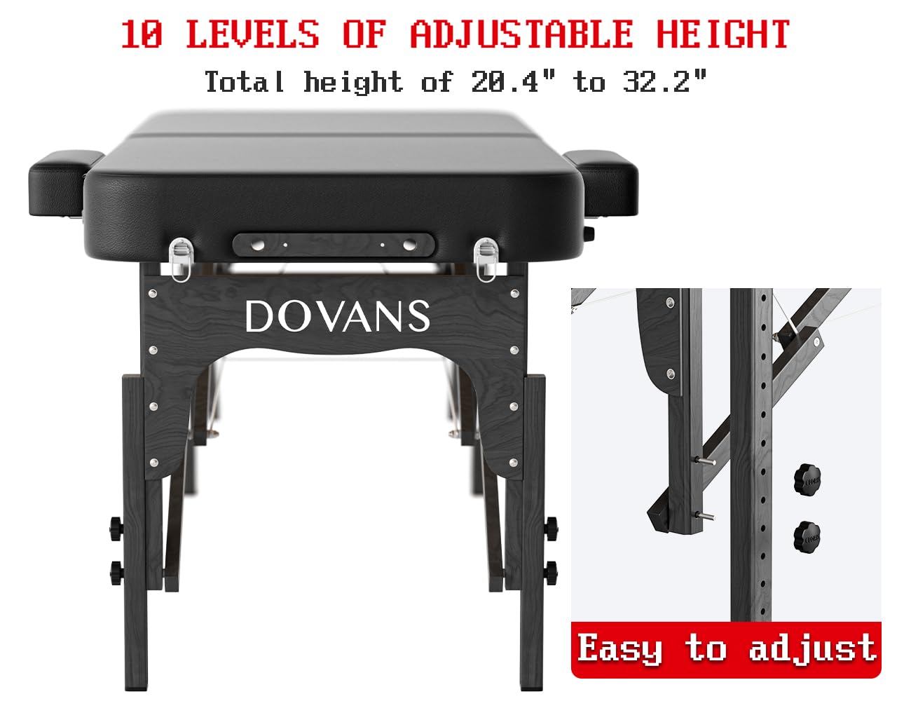 DOVANS Professional Massage Table Portable 2 Fold Premium Elastic Foam Wooden Leg Hold Up to 1100LBS 10 Heights Adjustable with Carrying Bag All Black