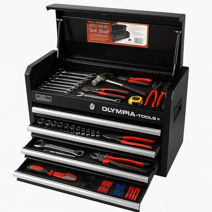Olympia Tools 26-Inch 4-Drawer Portable Tool Chest, Metal Storage Organizer Box, Black - Work Toolbox for Home Garage and Workshop with Locking Lid and Ball Bearing Slides