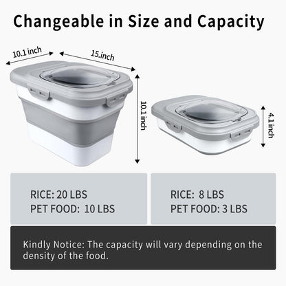 Komzon Rice Storage Container, Collapsible Airtight Food Storage Containers 6-20 Lbs, Rice Dispenser with Measuring Cup and Small Bin for Flour Cereal Pasta Grain, Cat Pet Dog Bird Food Container