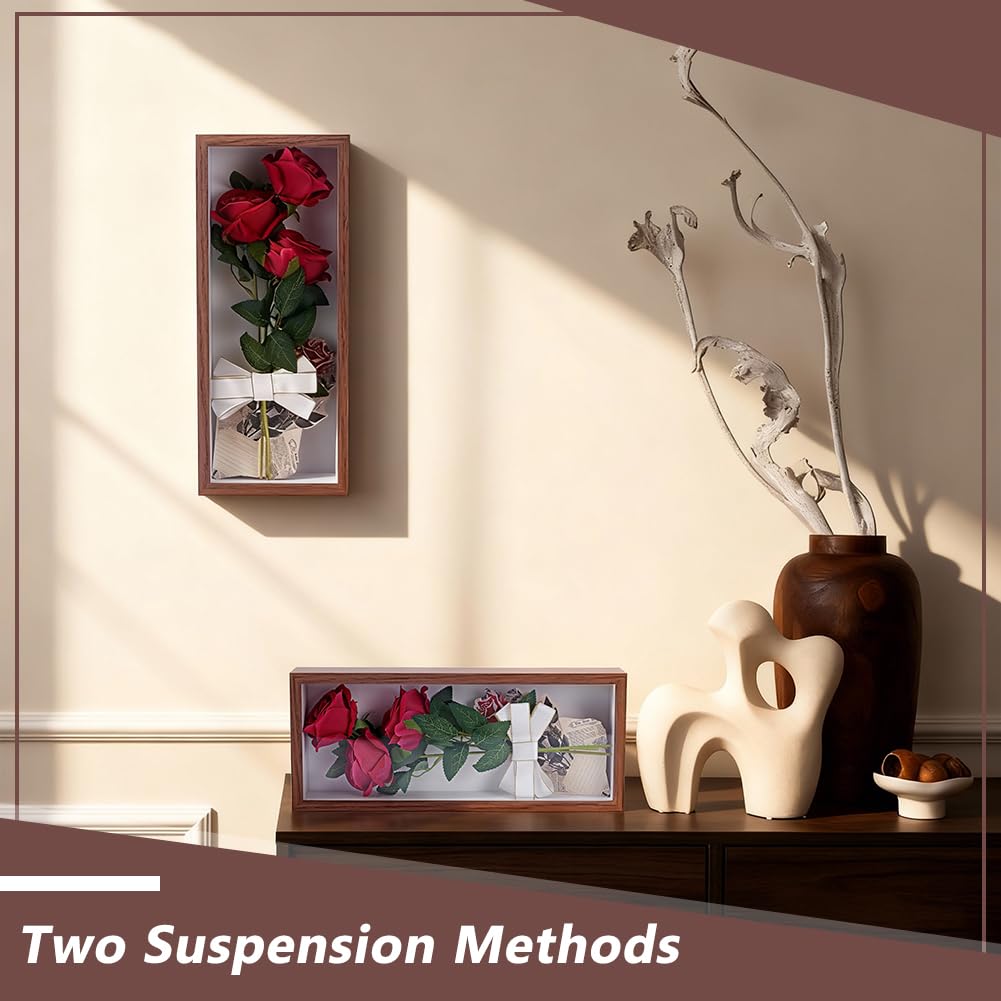 INTERWARM 2Pcs Shadow Box Display Case, 14.4x6.1x2.56Inch Rectangle MDF Shadow Box Frame with Nail Hangers and Hook for Mother's Day Awards Memorabilia Flower Pictures Keepsakes Medals(Camel)