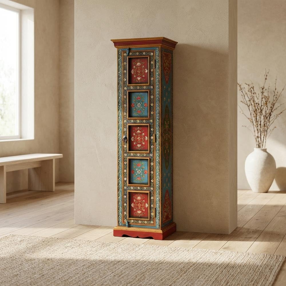 Starlight Canyon Home Hand Painted Tall Storage Cabinet, Boho Eclectic Merranti Wood Accent Cabinet for Living Room in Multicolor Finish