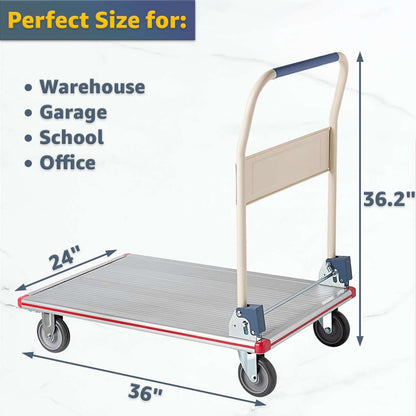 Aluminum Platform Truck 660 lb Capacity - Heavy-Duty Cart with Folding Handle, 5″ TPR Casters & Corner Protectors - 24″ x 36″ Utility Dolly for Warehouse, Shop, Office, Silver