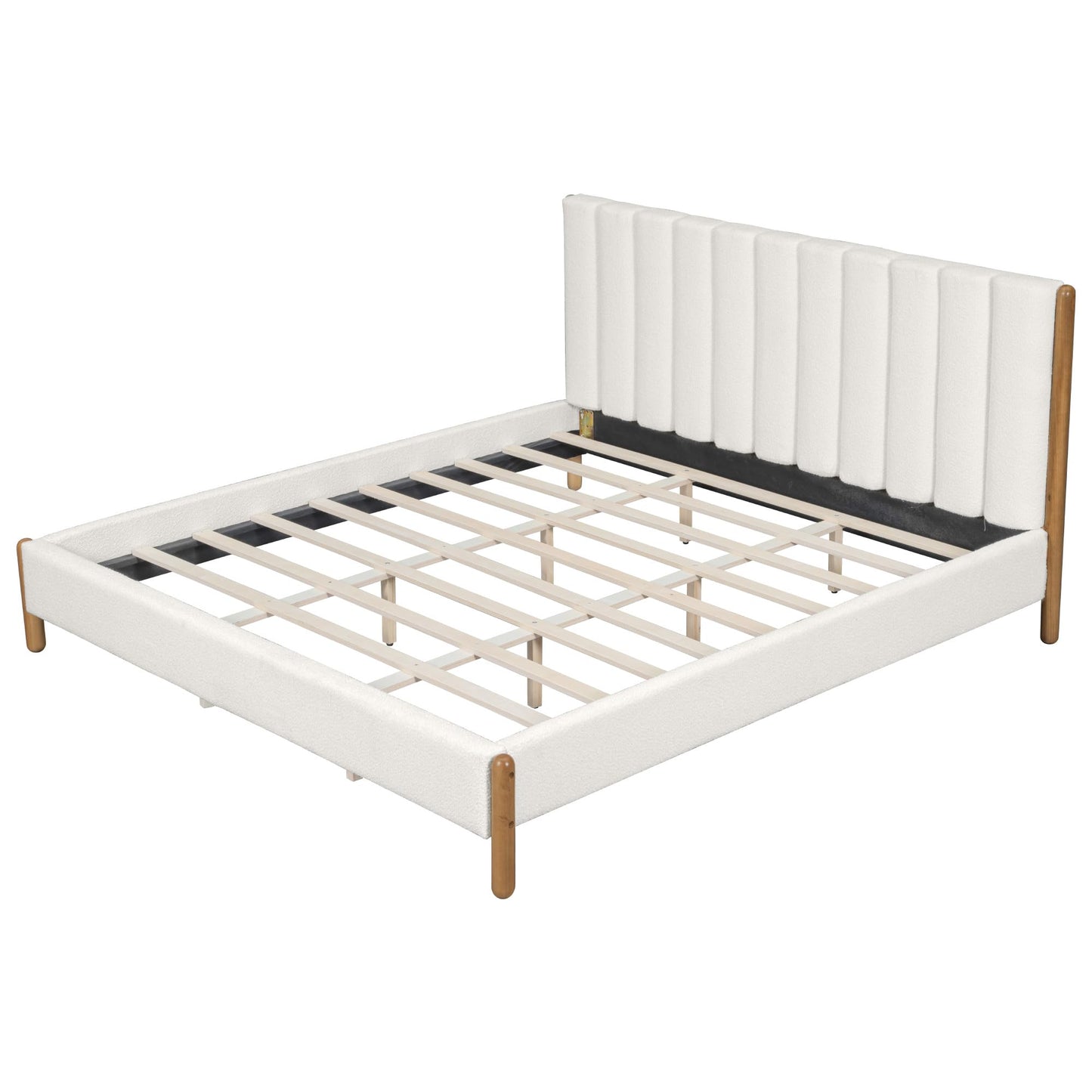 Merax King Size Bed Frame with Boucle Upholstered Thick Headboard, Solid Wooden Legs, No Box Spring Needed, for Bedroom Apartment, White