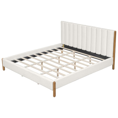 Merax King Size Bed Frame with Boucle Upholstered Thick Headboard, Solid Wooden Legs, No Box Spring Needed, for Bedroom Apartment, White