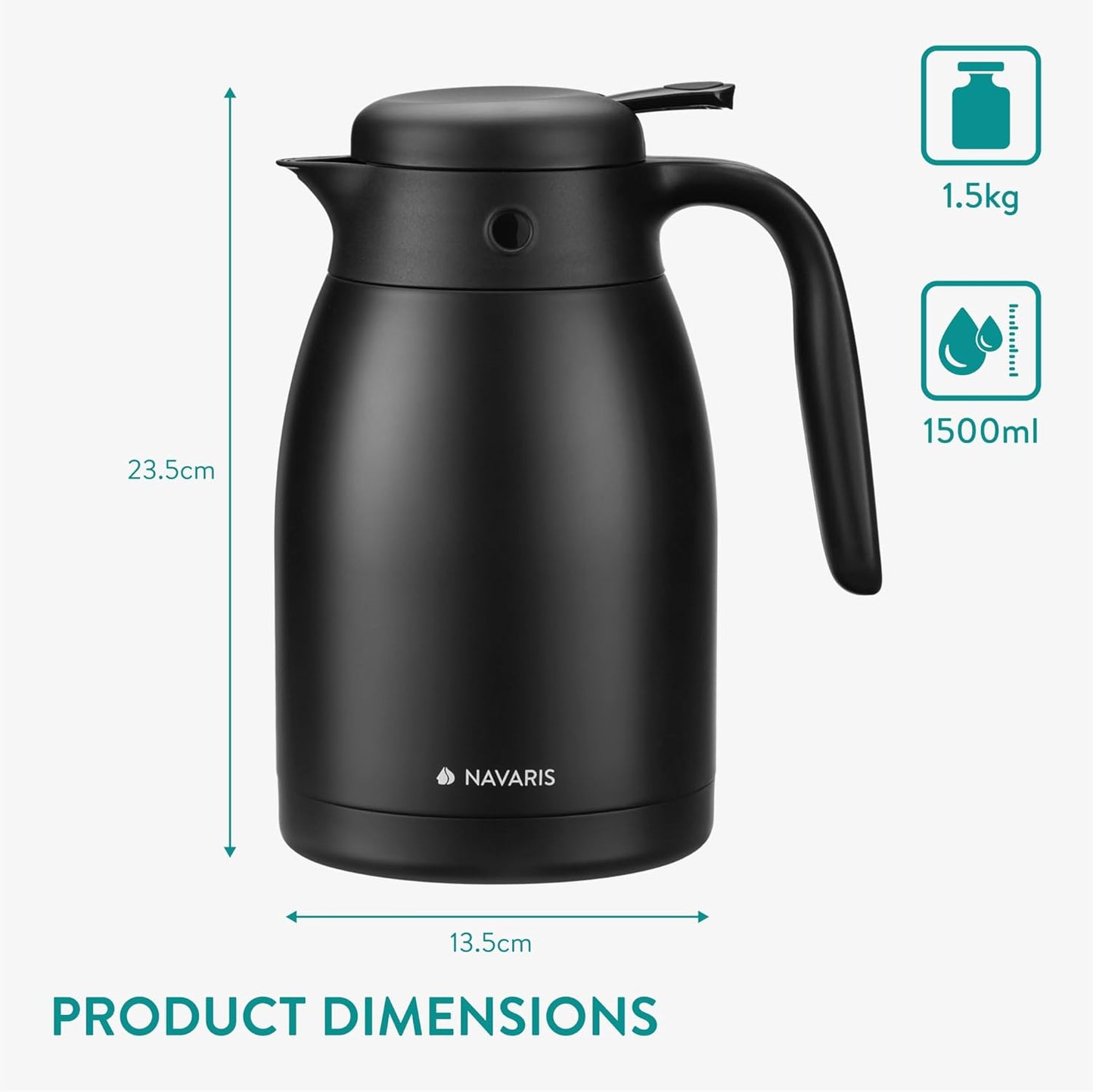 Navaris Insulated Coffee Server, Matte Black Stainless Steel Carafe for Hot & Cold Drinks (1.5 L / 50 oz)