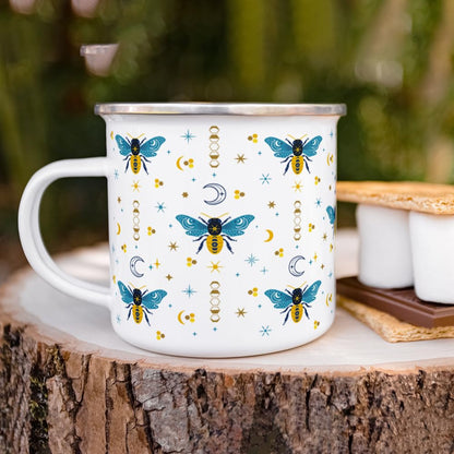 Celestial Bee Pattern Enamel Camping Coffee Mug, Honeycomb Moon Stars Gift Cup for Friends and Coworkers