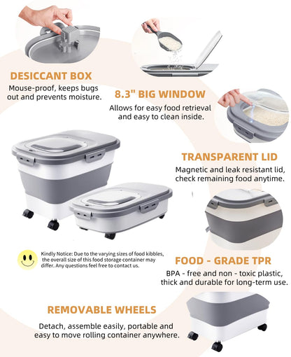 DDMOMMY 20-30 Lbs Rice Storage Container,Collapsible Food Storage Containers with Rolling Wheel Airtight Locking Lid,Flour Storage Container with Cup and Scoop,Suitable for Food,Rice,Pet Food,Flour