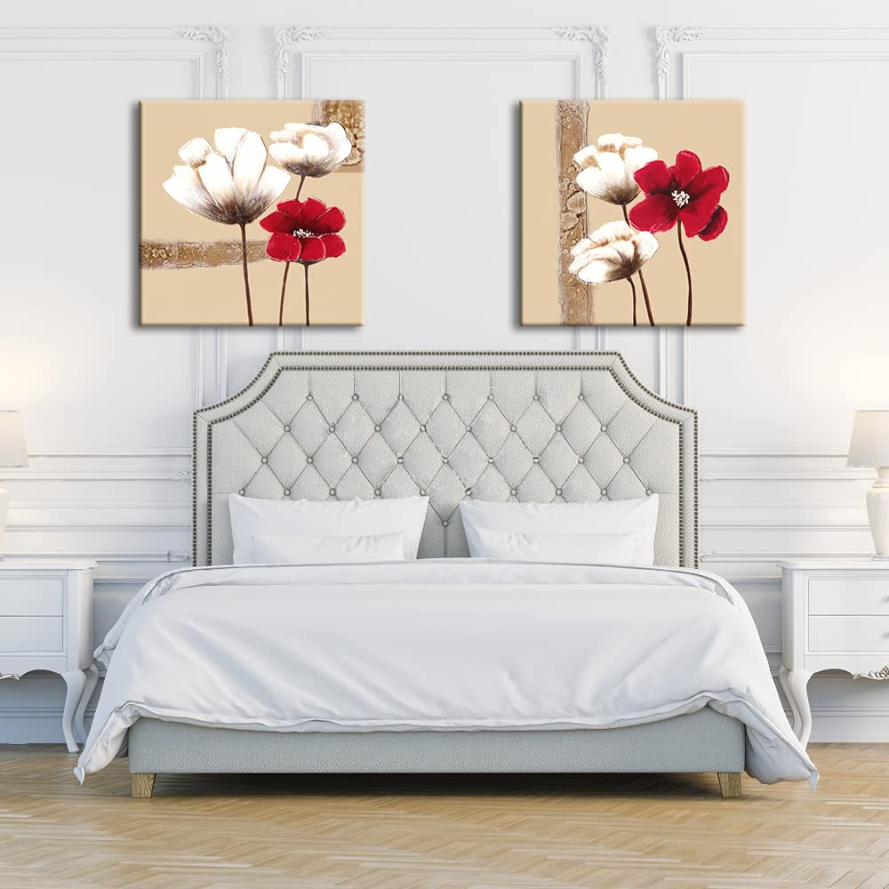 Wieco Art Red and White Flowers Canvas Prints Wall Art Abstract Floral Oil Paintings Style Pictures for Living Room Bedroom Bathroom Home Decorations 2 Piece Modern Stretched and Framed Grace Artwork