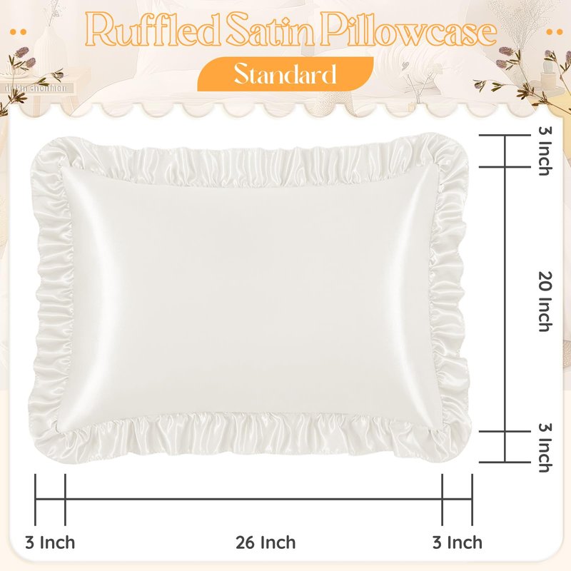 NSGZ Ruffled Satin Pillowcase Set of 2, Standard Size Silky Pillow Shams for Hair and Skin Care, Ivory White Satin Pillow Covers with Envelope Closure, Anti Wrinkle Pillow Cases for Classic Room Decor