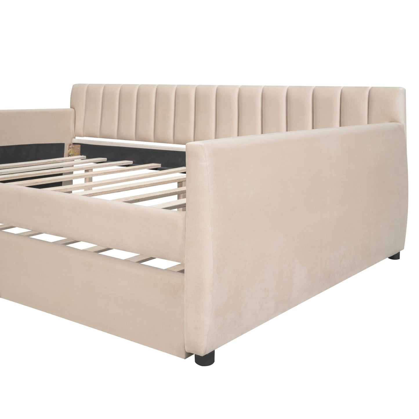 Favfurish Velvet Upholstered Full Size Daybed with Trundle, Solid Wooden Sofa Bed Frame w/Vertical Stripes Designed Backrest and Pine Legs, No Box Spring Needed