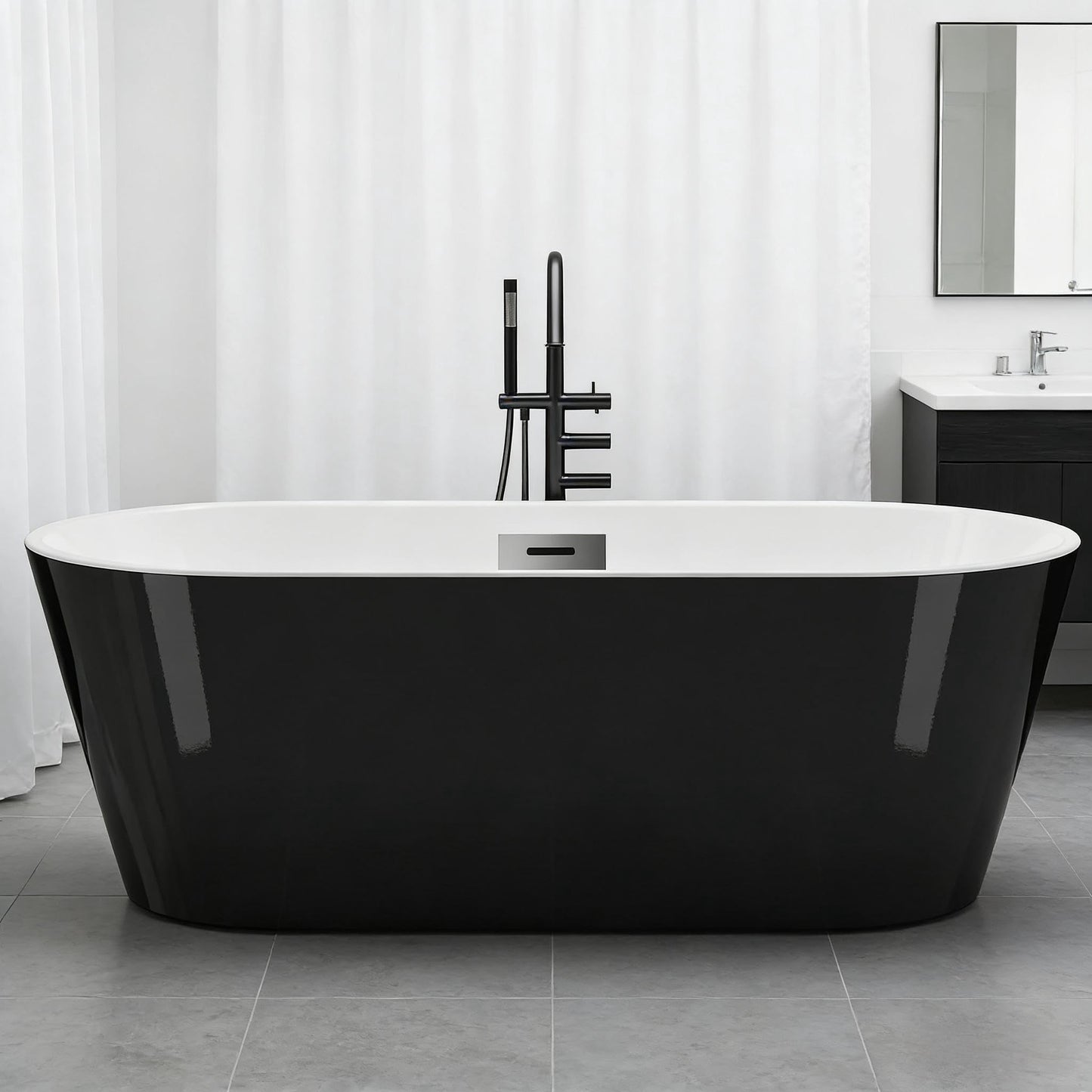67'' Freestanding Bathtub, Deep Soaking Tub with Non-Slip Base, Acrylic, cUPC Certified Free Standing Tub, Chrome Drain Bath Tub, Modern Tub for Bathrooms, Black