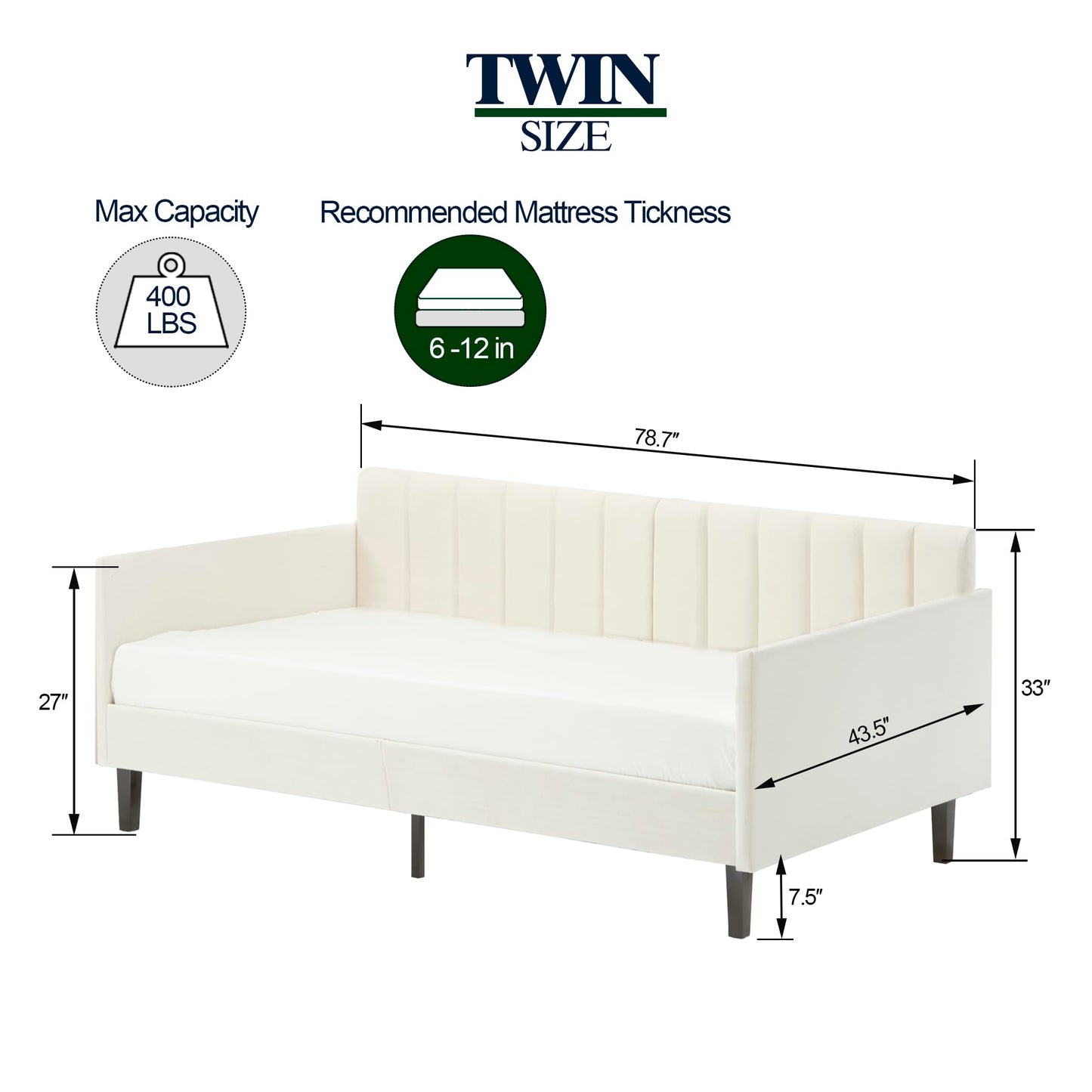 GDFStudio Twin Size Upholstered Daybed, Futon Sofa Bed Ribbed Tufted Backrest Lavish Modern Design, Couch Bed Frame for Bedroom Living Room Guest Room Apartment,Beige Velvet