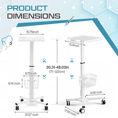 15.8" x 15.2" Medical Laptop Workstation Trolley Cart with Wheels Height Adjustable Medical Cart with Storage Basket Load for Dental Clinic, Home Office, Salon Hospital, Lab Use (Heavy Duty)