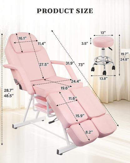 Tythical Pink Tattoo Artist Chair, Split Leg Facial Bed for Client Professional Beauty Lash Massage Bed with Hydraulic Stool & Extension Footrests for Salon Spa Barber Equipment