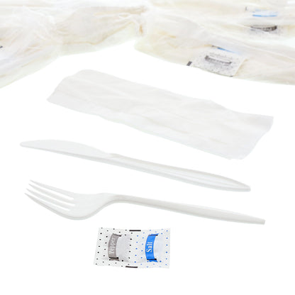 AmerCareRoyal 5-in-1 Disposable Silverware Medium Weight Plastic Utensil Set with Fork, Knife, Salt & Pepper Packets, 12x13 inch Napkin - Individually Wrapped Cutlery Meal Kit, White, Case of 250