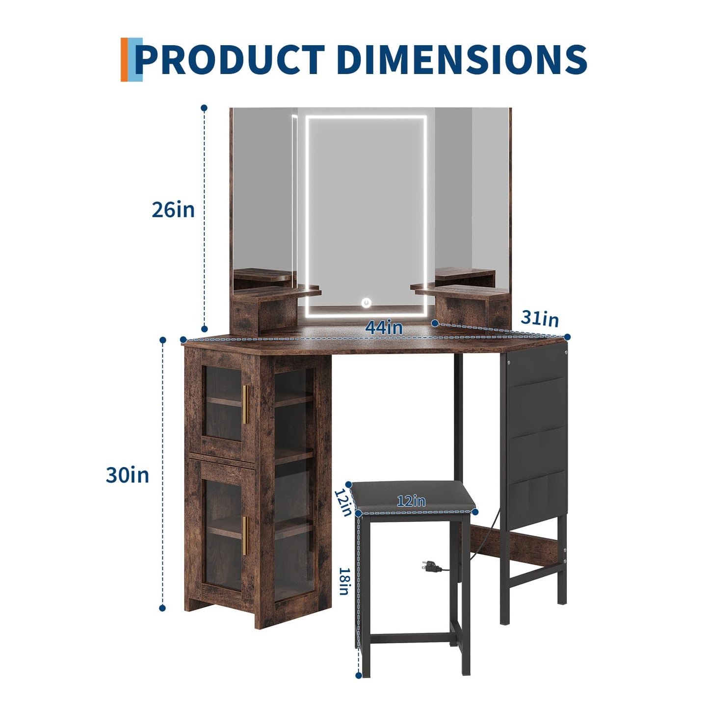 Garvee Corner Vanity Desk and Stool, Corner Makeup Vanity with LED Lighted Mirror Charging Station and Cabinet for Bedroom, Brown