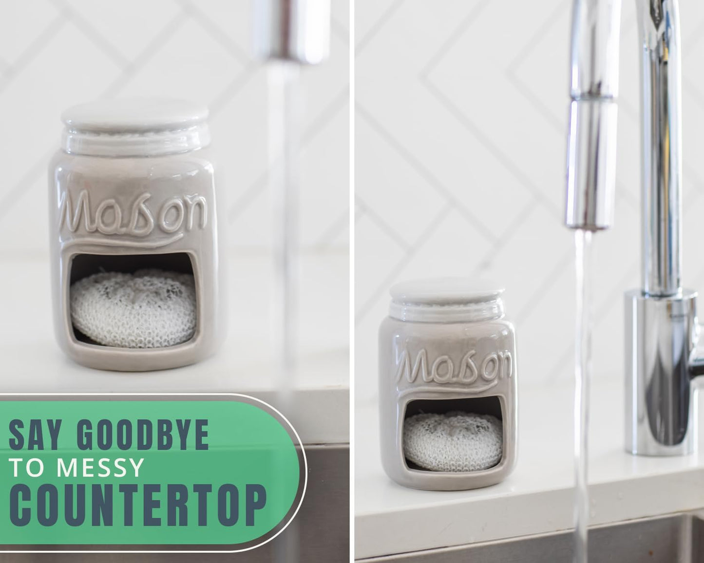 Comfify Ceramic Kitchen Sponge Holder, Farmhouse Style Sink Caddy, Mason Jar Decorative Accessory - Includes Free