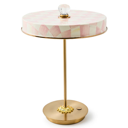 MACKENZIE-CHILDS LED Rechargeable Disk Table Lamp, Cordless Touch Lamp, Pink-and-White Rosy Check