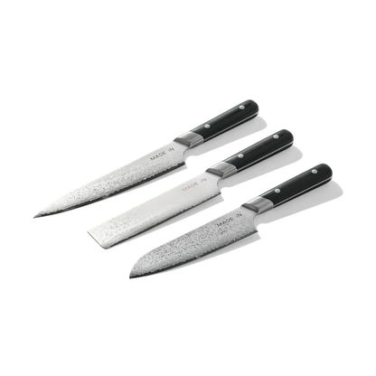 Made In Cookware | 3-piece Japanese Damascus Steel Knife Set (Includes Gyuto, Nakiri and Santoku) | 66 Layers of Damascus Steel with a VG-10 Core | Crafted in Japan | Full Tang With Black POM Handle