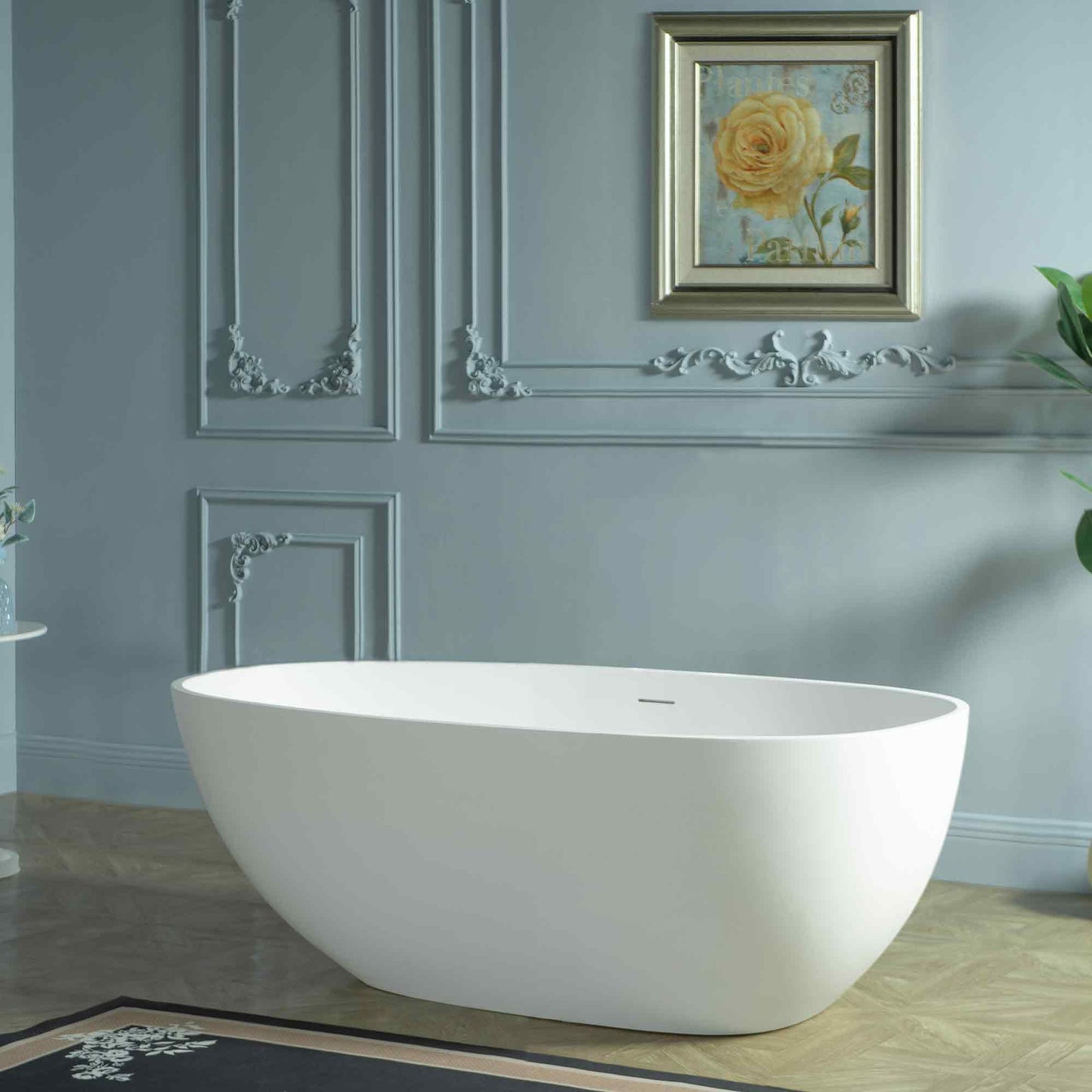 WOODBRIDGE 59" Egg-Shaped Solid Surface Freestanding Soaking Tub, Modern Oval Stone Resin Bathtub with Integrated Slotted Overflow & Drain, Matte White, EST0701