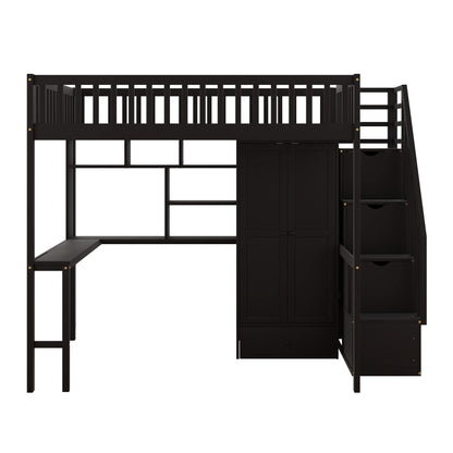 Full Size Loft Beds Stairway Loft Bed Frame with Wardrobe, Desk, Bookcase and Drawers, Espresso