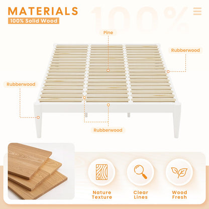 IOTXY Twin Platform Bed Frame - Solid Wood 16-Inch Height Mattress Foundation Base with Densely Slats and Heavy-Duty Support Legs, No Box Spring Needed, White