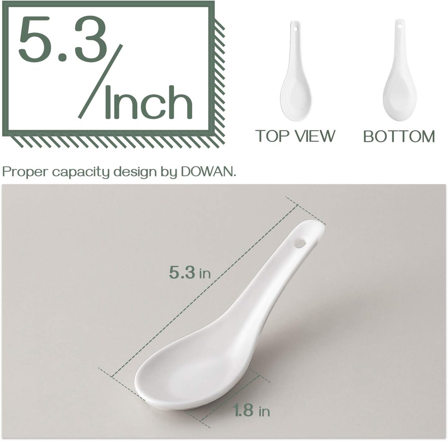 DOWAN Asian Soup Spoons - Set of 12, 5.3 Inch White Ceramic Dessert Spoons for Pho, Miso, Ramen