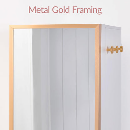 Best Choice Products Rotating Mirror w/Storage Cabinet, 360 Swivel Jewelry Armoire w/Full-Length Mirror, Gold Metal Frame Tower w/Cube Shelves, Built-In Jewelry Organizer & Hook - Gold