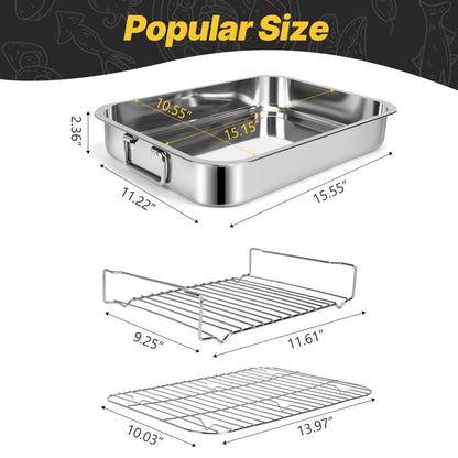 15.5" Stainless Steel Roasting Pans with Handles, Baking Pan for Oven with 2 Racks, Heavy Duty, Dishwasher Safe Rectangular Lasagna Pan with Handles for Turkey Chicken, Silver
