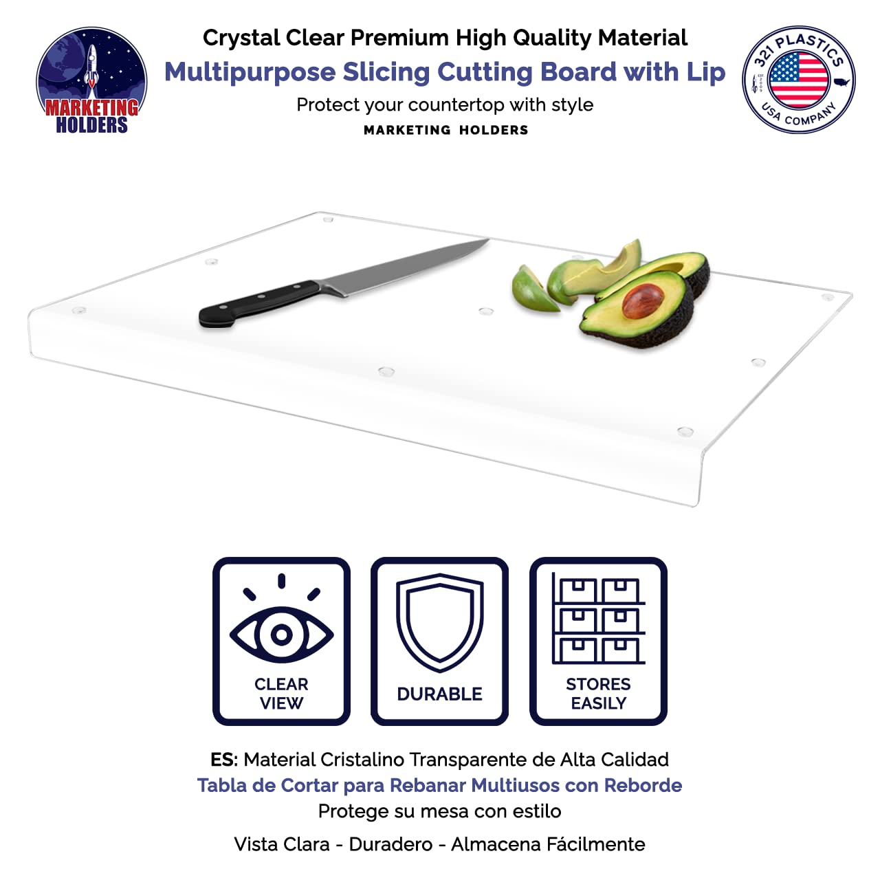 2 Pack Clear Acrylic Cutting Boards 3 Pieces 1" Lip and Rubber Anti Skid Bumpers Countertop Charcuterie Plate Restaurants Home or Commercial Kitchens Clear Durable Acrylic by Marketing Holders