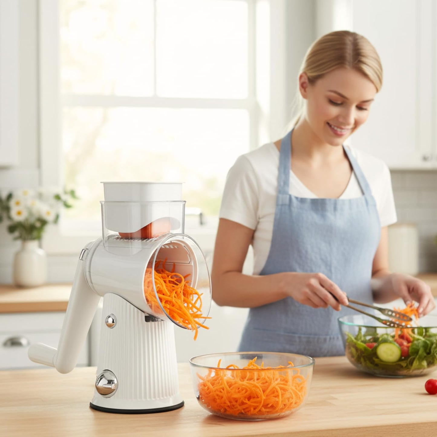 Rotary Cheese Grater with Handle - Vegetable Shredder with 5 Blades & Strong Suction Base, Round Slicer & Food Chopper for Kitchen (White)