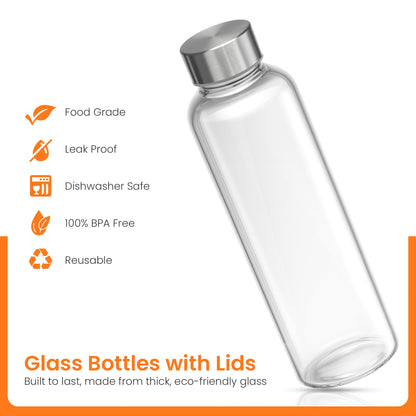 Epica Clear Glass Bottles with Lids, 18oz Resuable Glass Water Bottles for Juicing with Stainless Steel Cap to store Milk, Smoothie, etc., 100% Leak Proof, Durable and Dishwasher Safe (Set of 6)