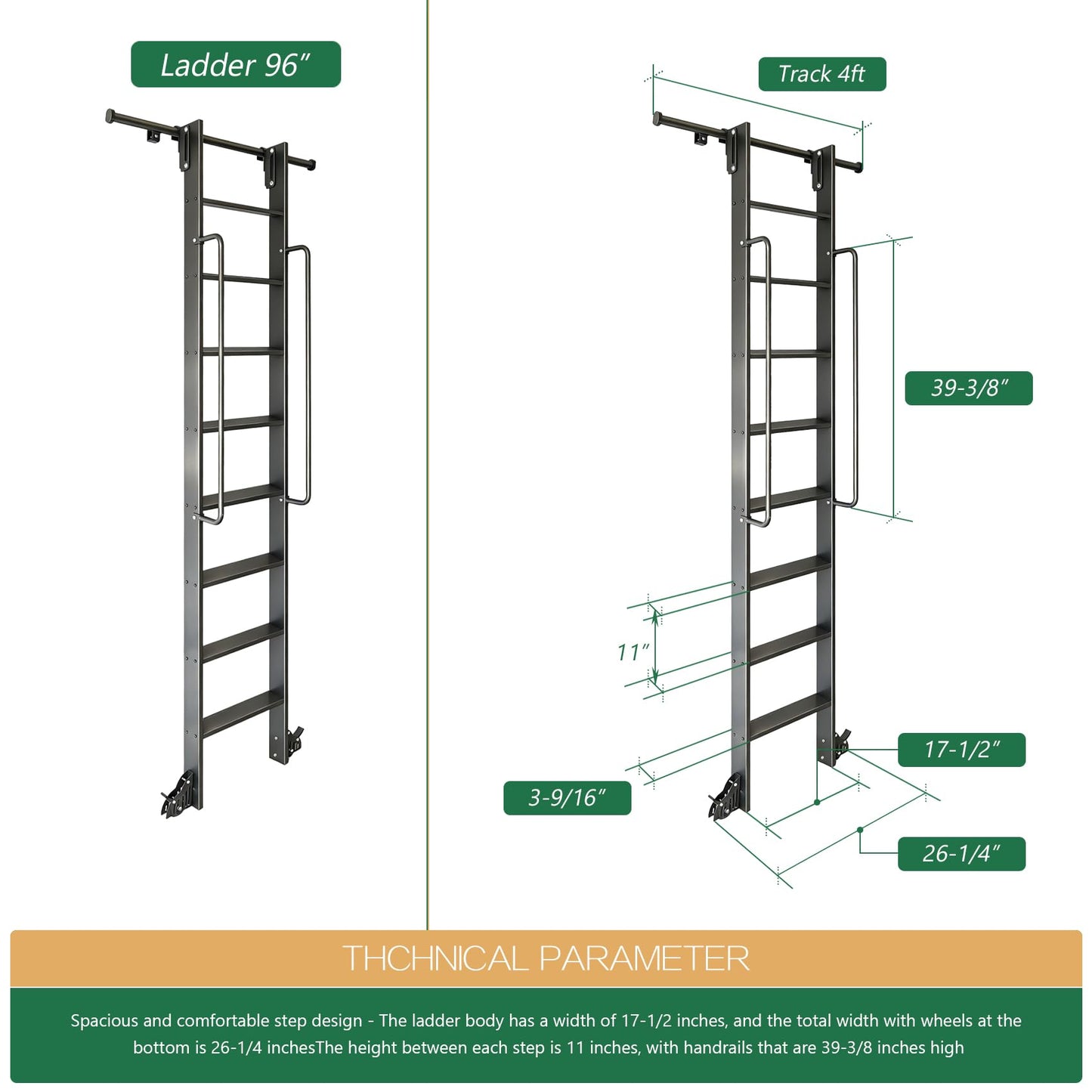 104RDHOUSE 8FT Lightweight Aluminum Rolling Step Ladder 96",Rolling Library Ladder with Wheels,Industrial Sliding Ladder for Home Library,Bookshelf, 4FT Hook Ladder Bookcase Track Kit for Home