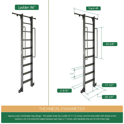 104RDHOUSE 8FT Lightweight Aluminum Rolling Step Ladder 96",Rolling Library Ladder with Wheels,Industrial Sliding Ladder for Home Library,Bookshelf, 4FT Hook Ladder Bookcase Track Kit for Home