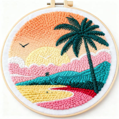 DIY Punch Needle Kits Seaside Beach and Palm Tree Easy for Beginners Starter Set with Hoop Needlepoint Embroidery Craft Hobby and Home Decor 20x20cm