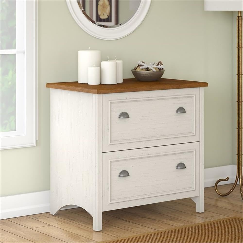 Bush Furniture Fairview 2 Drawer Lateral File Cabinet in Antique White/Tea Maple, Home Office Storage for Letter, Legal, and A4-Size Documents