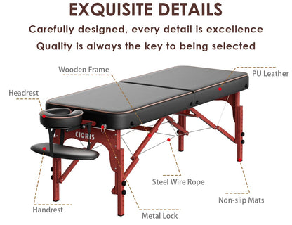 CLORIS 84" Professional Massage Table Portable Reinforced Wooden Leg Hold Up to 1100LBS 2 Folding Lightweight Spa Salon Tattoo Massage Bed Height Adjustable with Carrying Bag - Black