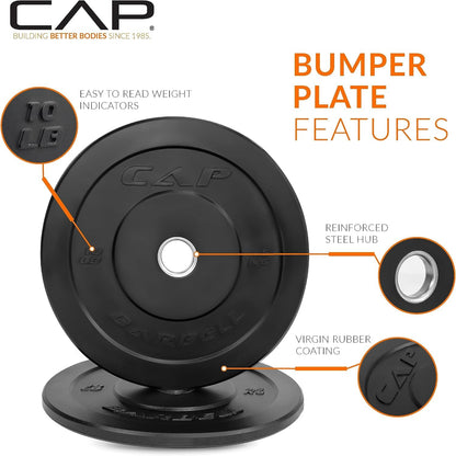 CAP Barbell 260 lb Elite Olympic Plate Set with Traditional Plate Rack & Barbell Storage | 6 Weight Posts + 4 Barbell Holders