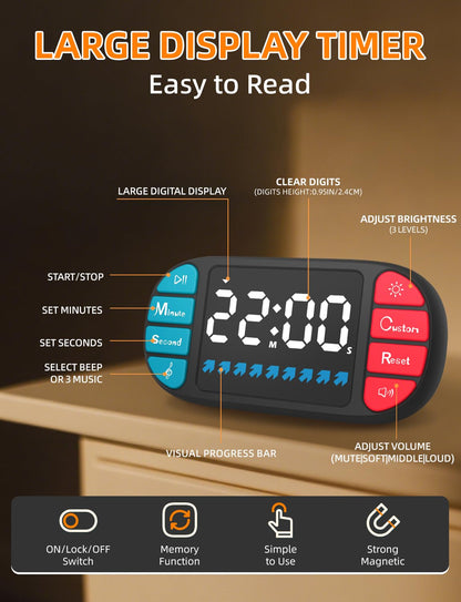 DOOMAY Digital Kitchen Visual Timer: 3.6'' Large LED Display, Magnetic, 3 Brightness, 4 Alarms and Volume, Memory Function, Countdown Count up for Cooking, Classroom, Home Gym, AAA Battery Included