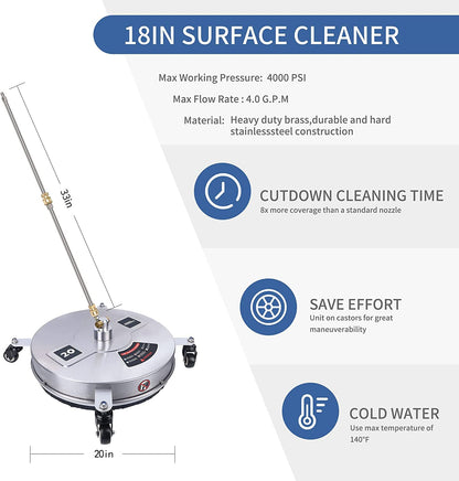 15" Pressure Washer Surface Cleaner with 4 Wheels, Stainless Steel Housing & 1/4" Quick Connector, Power Washer Attachment with 2 ExWands, 2 Replacement Nozzles, 4000 PSI (15inch)