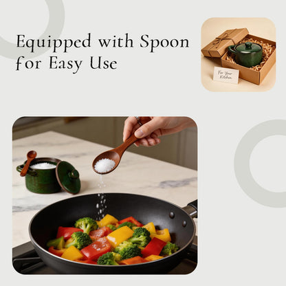 Salt Cellar With Spoon, Rustic Ceramic Salt Cellar With Wooden Spoon, Kitchen Seasoning Storage Jar