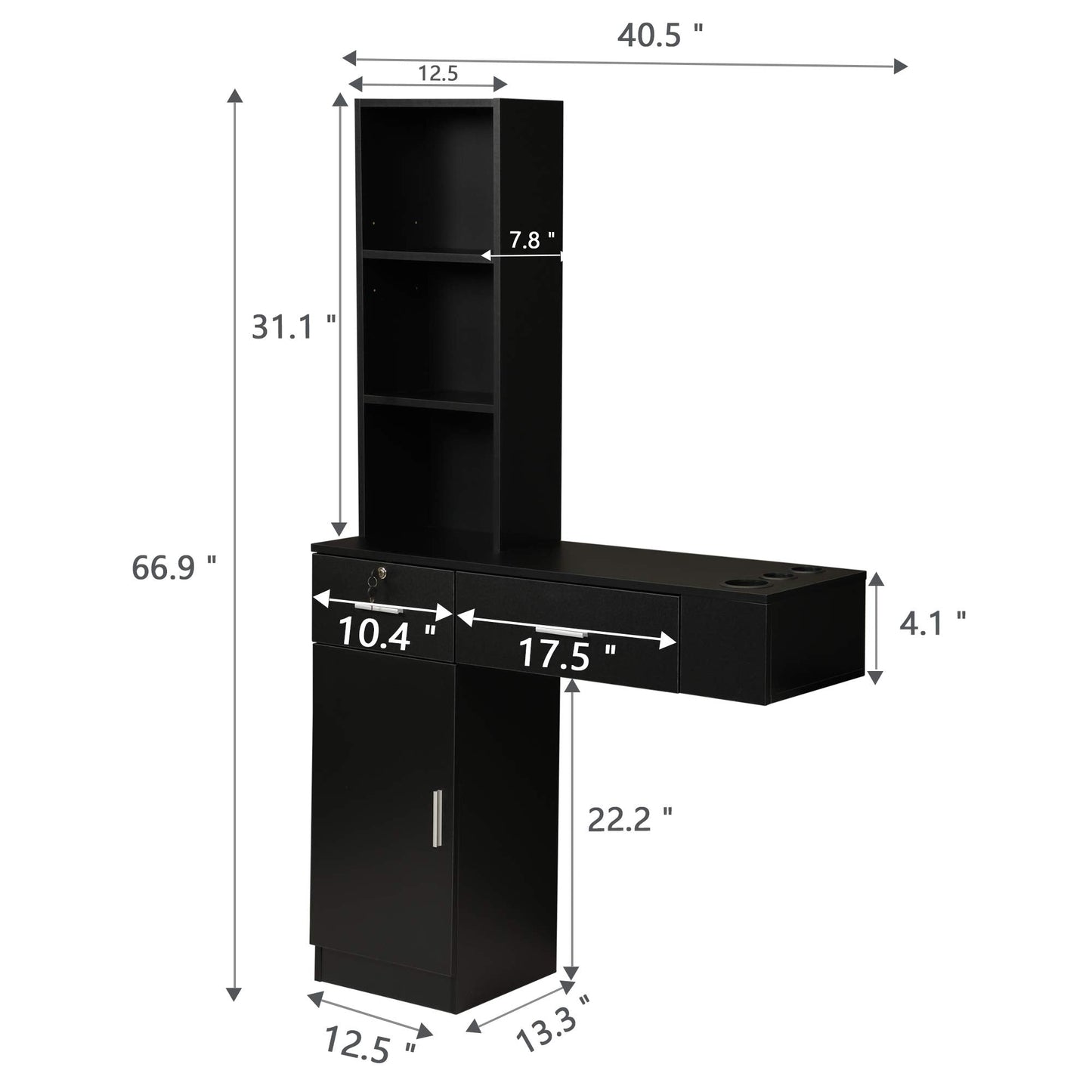 Wall Mount Hair Styling Barber Station Beauty Hair Salon Spa Equipment Set W, 3 Tier Shelf, Lockable Drawer, Black