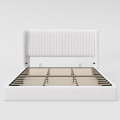 Allewie King Size Lift Up Storage Bed Frame, Hydraulic Support System, Upholstered Platform Bed Frame, Underneath Storage, Vertical Channel Tufted Headboard with Wingback, No Box Spring Needed, White