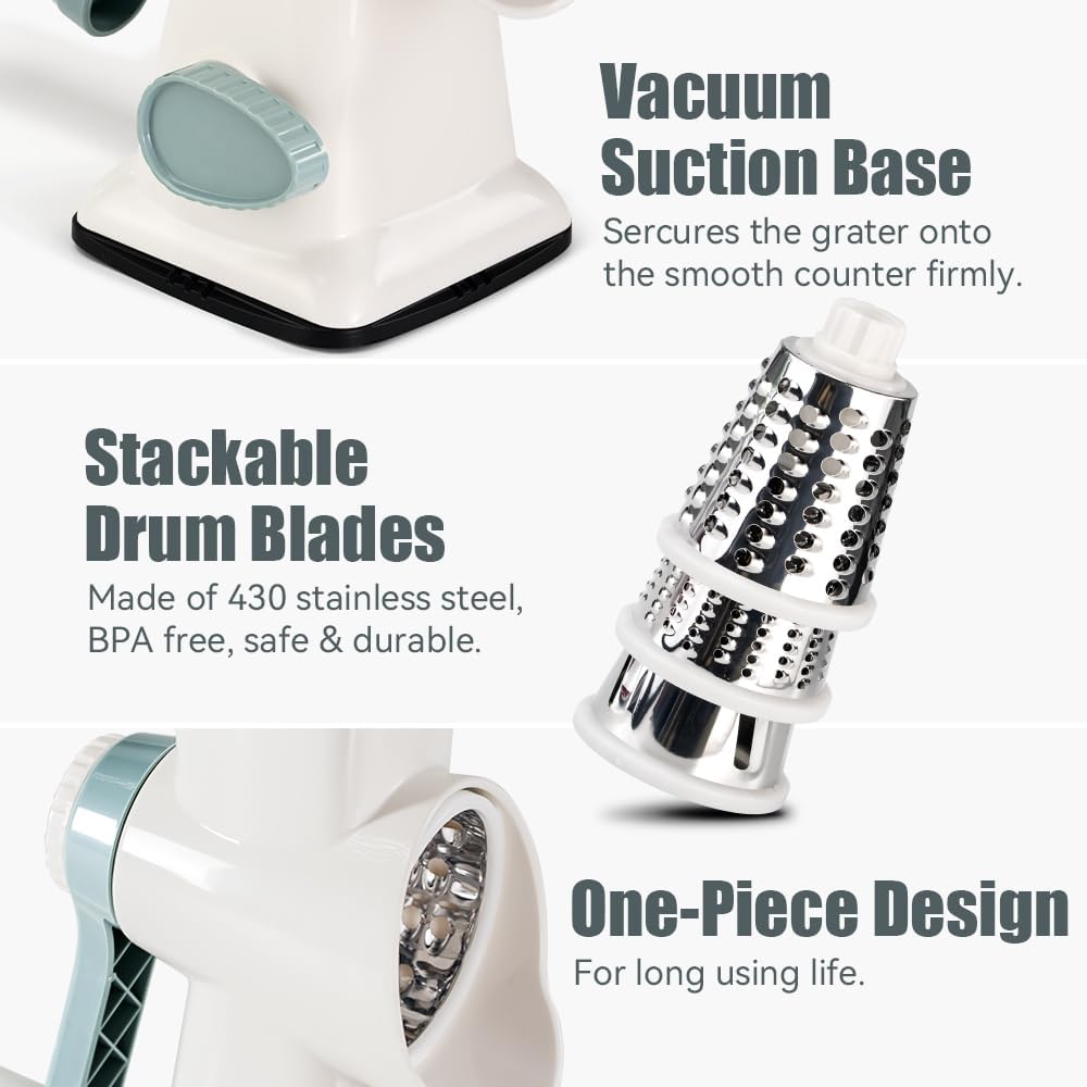 KEOUKE Rotary Cheese Grater with Handle, Vegetable Cheese Shredder Slicer for Kitchen, 3 Changeable Blades